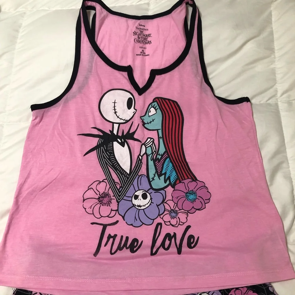 👻 Disney Pink & Black 'True Love' Tank and Floral Skull Shorts Sleep Set - Picture 2 of 8